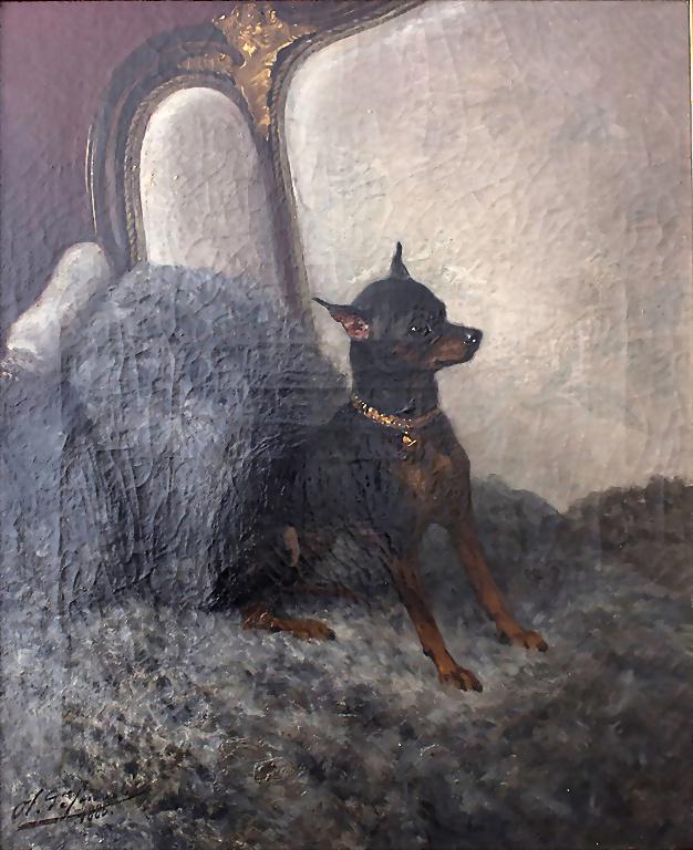 Olivier Charles DE PENNE (1831-1897), Pinscher wartet: Olivier Charles DE PENNE (1831-1897), Pinscher wartet auf Herrchen / Waiting for the master Technik: Öl auf Leinwand, gerahmt, Datierung: 1885, Signatur: unten rechts signiert und datiert, Maße: 55