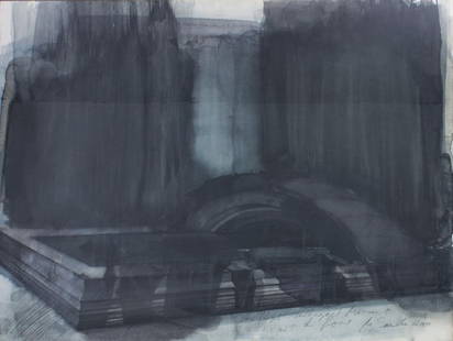 Michael Sandle (Weymouth/England 1936), Camouflaged/: Michael Sandle (Weymouth/England 1936), Camouflaged/ Sandbagged Monument In The Forest, 1975 Aquarell/ Guoache/ Platte. In dunkelgrauen Tnen dargestelltes Monument in Landschaft. Wohl Entwurf fr eine