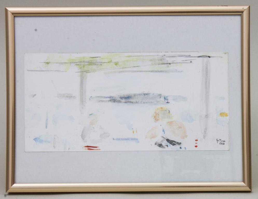 Marianne Gabor (Budapest 1917-2014), Zwei Frauen am: Marianne Gabor (Budapest 1917-2014), Zwei Frauen am Balaton sitzend / Two Women At Lake Balaton, 1967 Technik: Aquarell/Papier, hinter Glas im Wechselrahmen Mae: 10 x 21 cm Signatur: re. unten sign. u