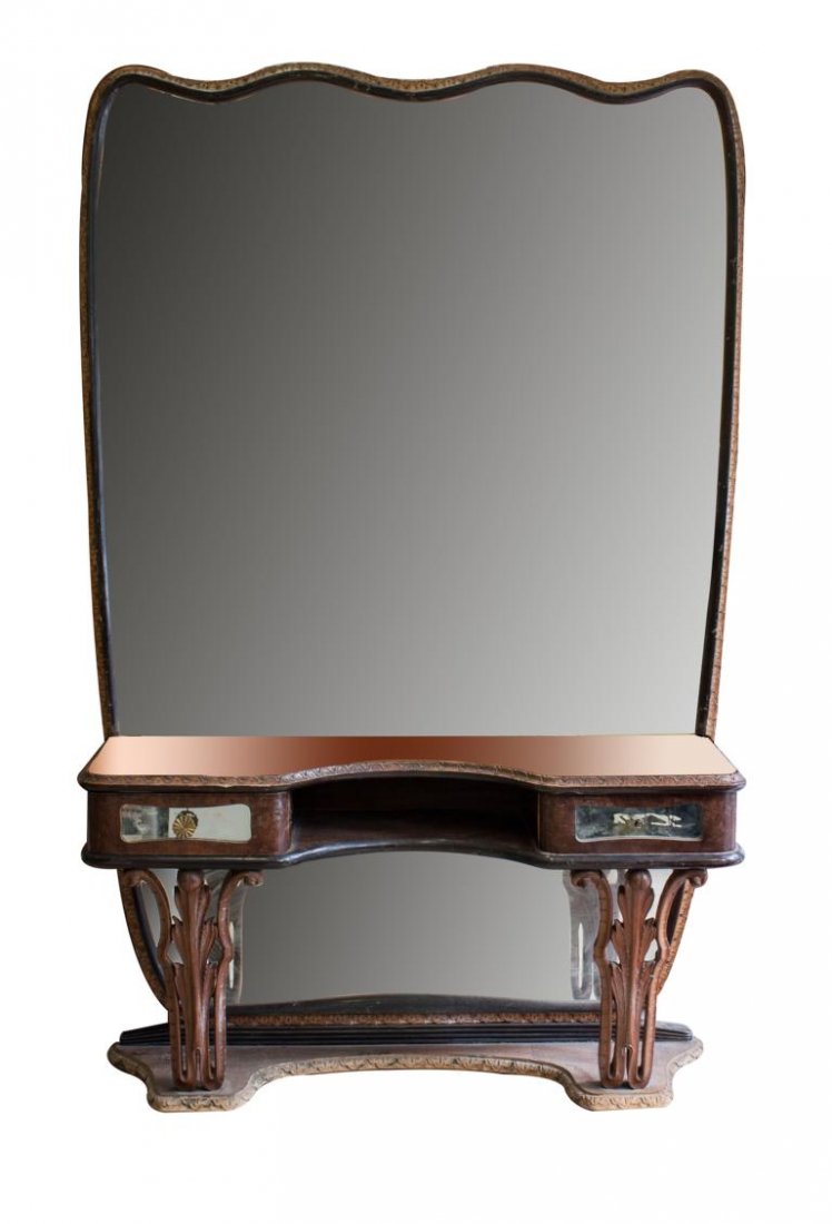Jugendstil Schminktisch/ Art Nouveau Makeup Table, um: Jugendstil Schminktisch/ Art Nouveau Makeup Table, um 1910 Korpus mit zwei Schüben und mittig einschwingender Front auf zwei filigran ausgesägten Stützen in Form von Blättern. Dahinter und darübe