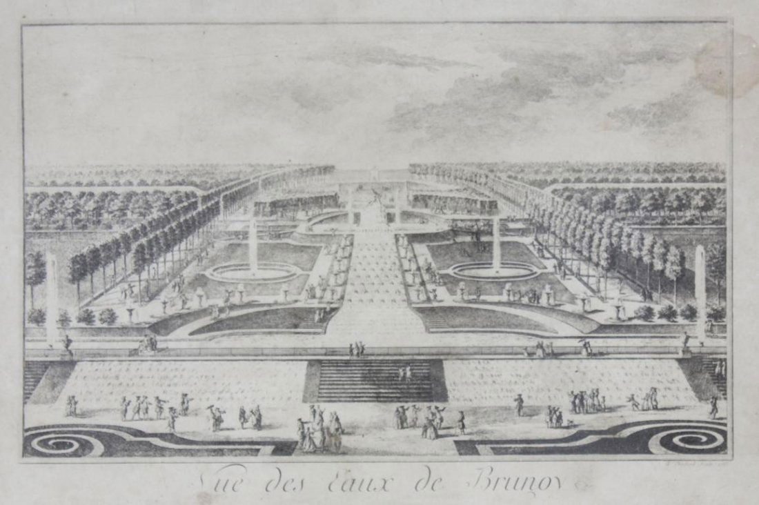 Vue des Eaux de Brunoy/View Of The Fountain Of Brunoy: Vue des Eaux de Brunoy/View Of The Fountain Of Brunoy Castle, H. Gravelot/Pierre-Philippe Choffard, Vue des Eaux de Brunoy Kupferstich/Papier. Darstellung der Wasserspiele von Schloss Brunoy mit Figur