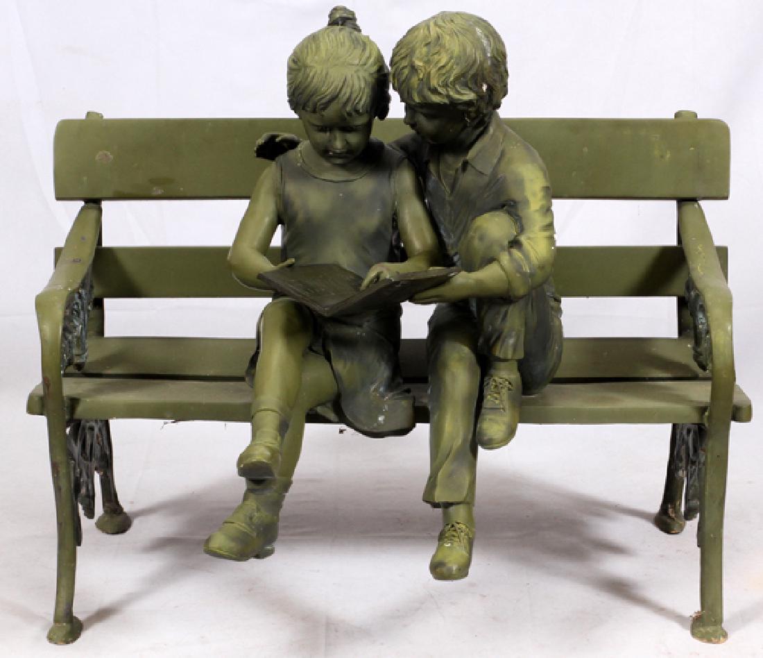 BRONZE SCULPTURE: BRONZE SCULPTURE, H 40", W 46", D 24", CHILDREN ON BENCH:Depicts a young boy with his arm around a young girl, reading a book, sitting on a park bench. The sculpture is signed "A. Horeau 6"