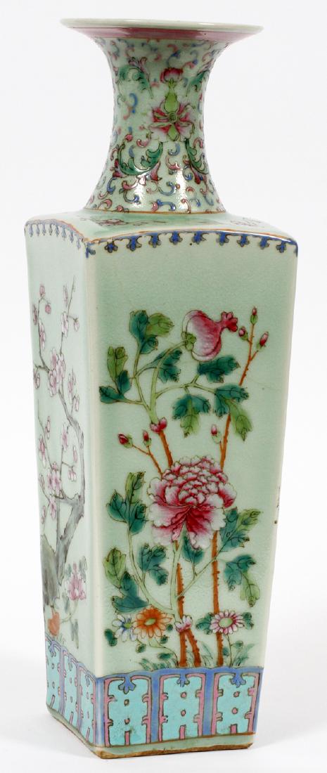 CHINESE HAND PAINTED PORCELAIN VASE 20TH C: CHINESE, HAND PAINTED PORCELAIN, VASE, 20TH C, H 13", W 4", D 4":Chinese hand painted porcelain vase, turquoise ground, having a flared rim and neck blending to a tapered square body with flowers. Mar