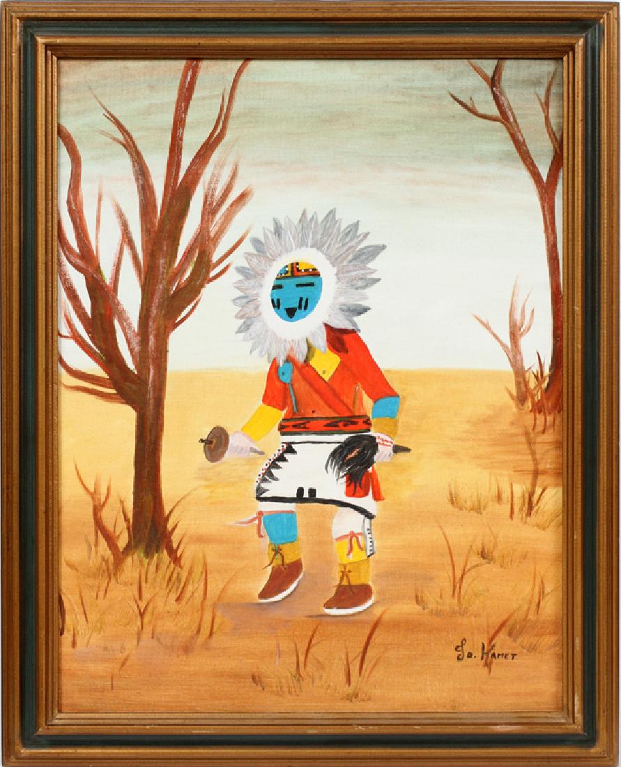 JO HAMET OIL ON ARTIST BOARD: JO HAMET, OIL ON ARTIST BOARD, H 18" W 14", DANCING KACHINA:Depicts an exterior scene with a dancing Kachina, framed. Signed Jo Hamet lower right.