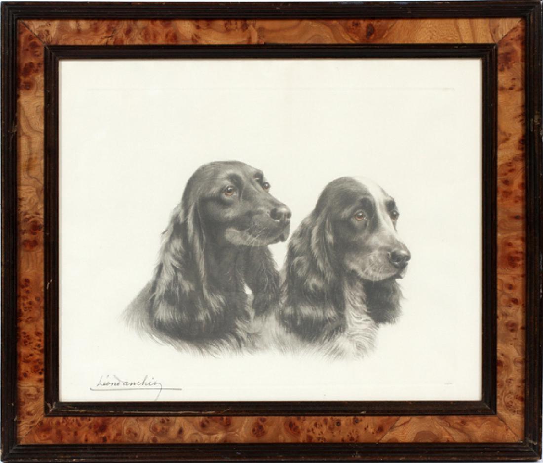 LEON DANCHIN ORIGINAL ETCHING: LEON DANCHIN (FRENCH, 1887-1939), ORIGINAL ETCHING, H 15", W 18 1/2", "BLACK COCKERS":Numbered 266/500 in the lower right corner. Framed under glass.