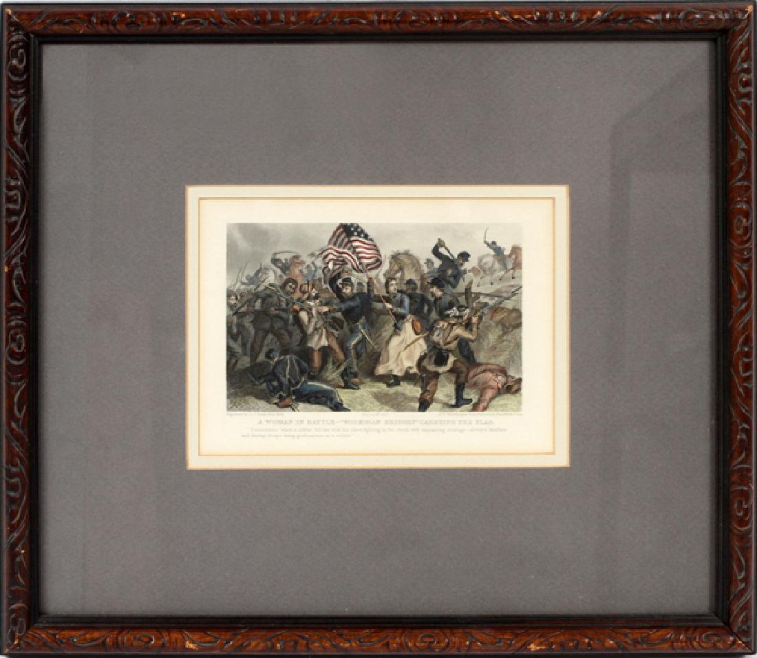 J.J. CADE NEW YORK HAND-COLORED ENGRAVING: J.J. CADE, NEW YORK, HAND-COLORED ENGRAVING, H 5 1/8", W 7" MICHIGAN BRIDGET:Depicting a woman holding the American flag during a battle. The caption underneath reads: "A Woman in Battle. - "Michigan 