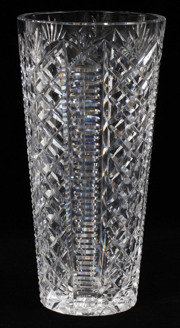 WATERFORD CRYSTAL VASE: WATERFORD CRYSTAL VASE, H 12", DIA 6":Of tapering cylindrical form. With acid etched "Waterford" mark to underside.