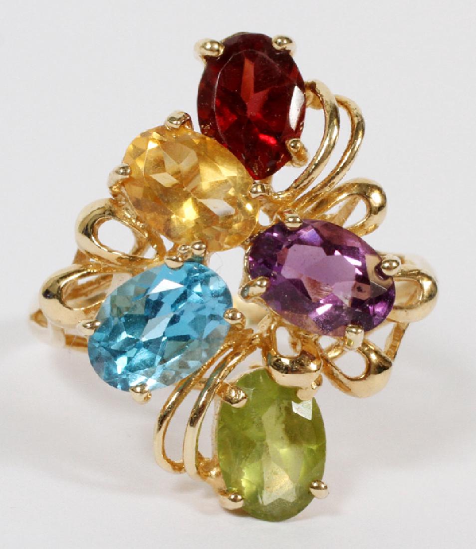 PERIDOT AMETHYST TOPAZ GARNET 14KT GOLD RING: PERIDOT, AMETHYST, TOPAZ, GARNET 14KT GOLD RING:Marked "585".