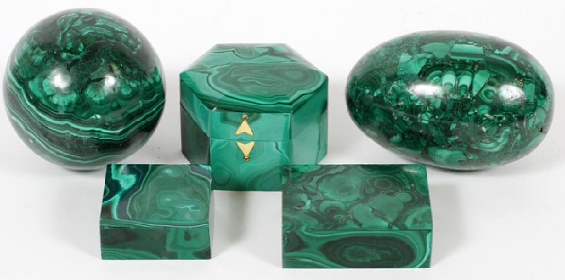 MALACHITE BOXES AND PAPERWEIGHTS 5 PIECES (1 of 1)