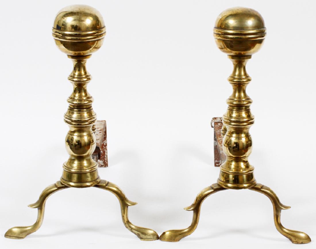 FEDERAL BRASS ANDIRONS CIRCA 1810 PAIR (1 of 2)