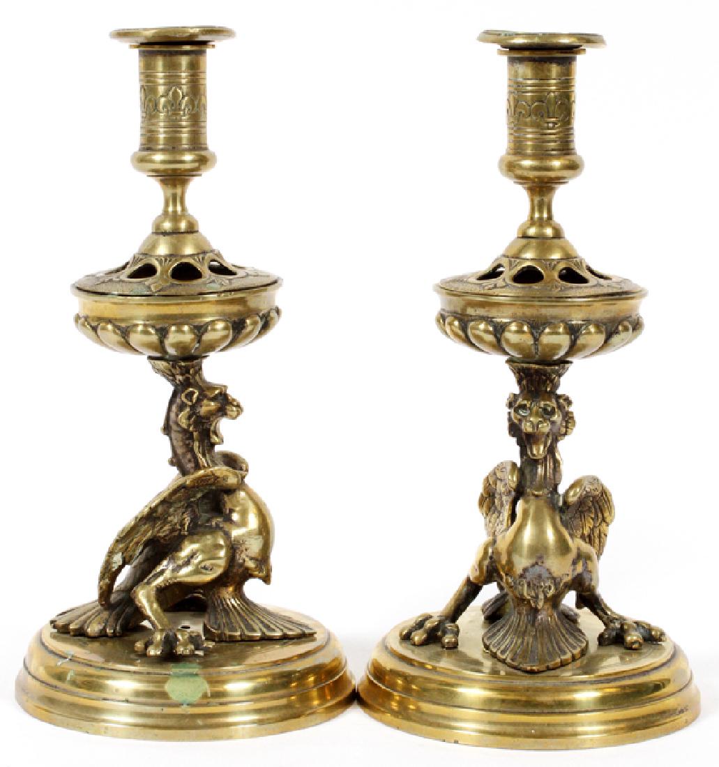 BRASS GRIFFIN CANDLESTICKS 19TH.C. PAIR (1 of 3)