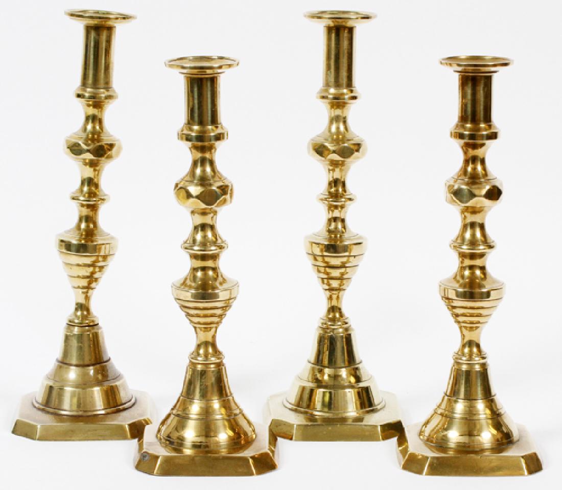 BEE HIVE BRASS CANDLE STICKS 19TH.C. 2 PAIRS (1 of 2)