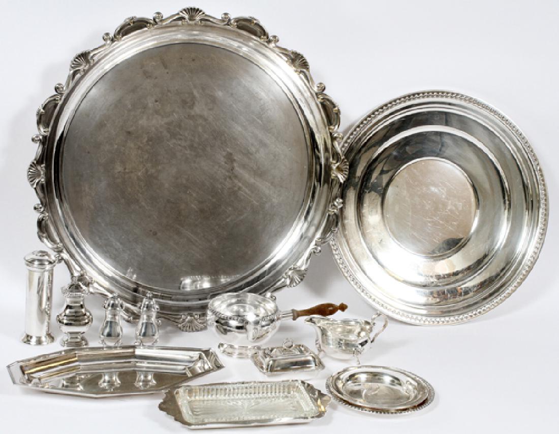 SILVER-PLATE 15 PIECES INCLUDING TRAYS: SILVER PLATE 15 PIECES, INCLUDING ROUND TRAYS, SALT, CREAMER, BUTTER TRAY, WINE DECANTER:Silver-plate, 15 pieces, including 1 large round tray 21", 1round tray 16",2 small trays 6 ",1 oval tray 6 1/2"