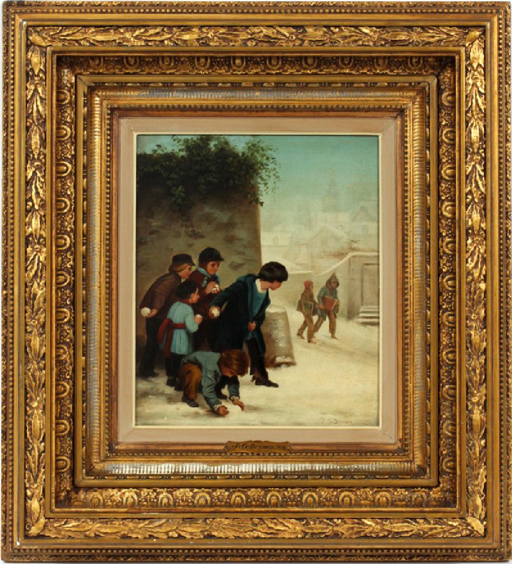 SIGNED J.G. BROWN OIL ON BOARD 19TH.C. (1 of 5)
