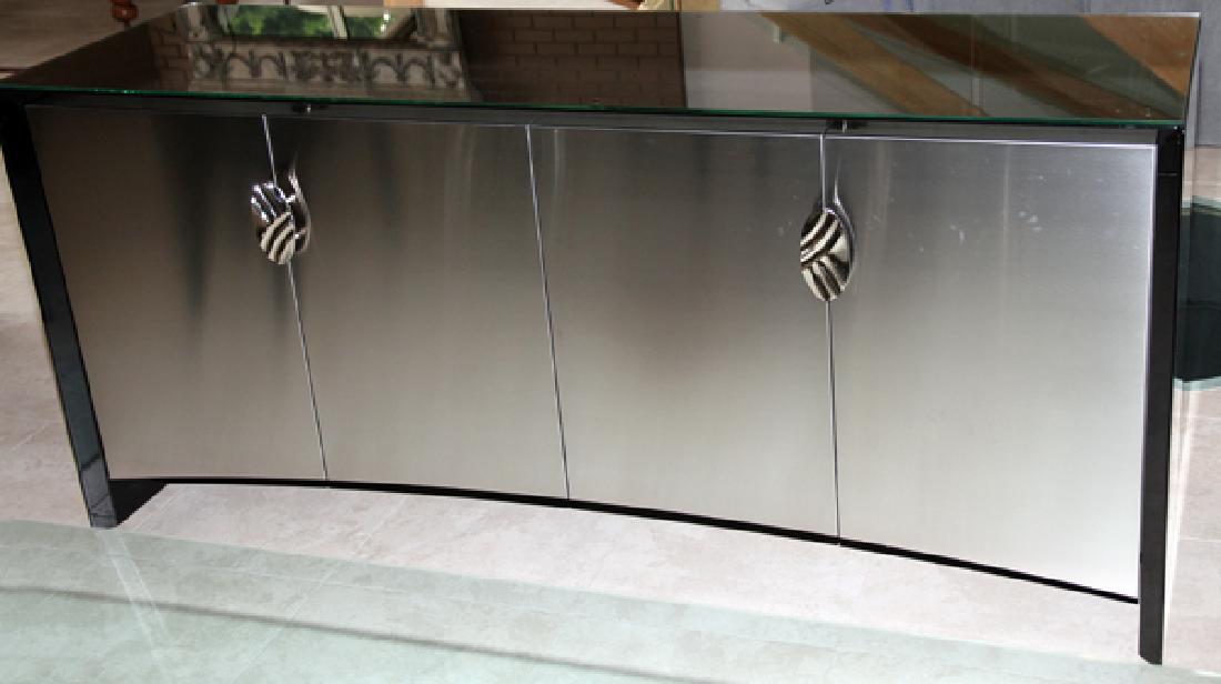 BRUETON BRUSHED METAL AND LACQUERED SIDEBOARD: BRUETON BRUSHED METAL, AND LACQUERED SIDEBOARD H 34", L 74.5", D 22.5":Having four hinged folding doors, opening to reveal three interior drawers and two shelves.