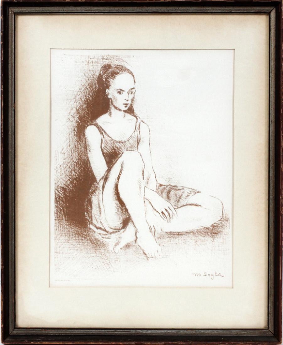 MOSES SOYER COLLECTORS GUILD LITHOGRAPH: MOSES SOYER, COLLECTORS GUILD LITHOGRAPH H 12" W 10" BALLET DANCER:Original lithograph published by Collectors Guild of New York and Paris. Signed in the plate. Sepia tones on white paper. Wood frame.