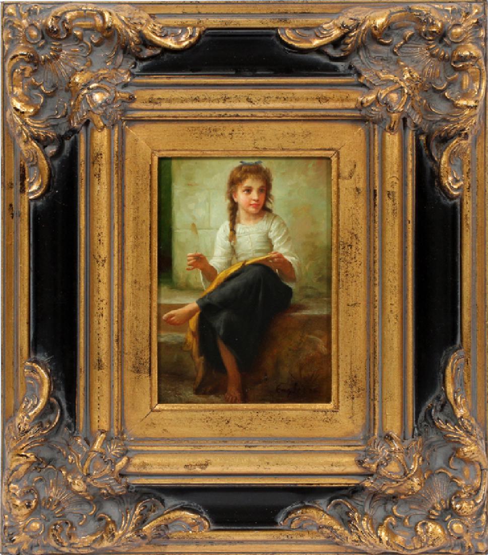 ENGLESE OIL ON BEVELED WOOD PANEL: ENGLESE, OIL ON BEVELED WOOD PANEL, H 7", W 5", SEATED LITTLE GIRL:Signed lower right, 21st century, framed.