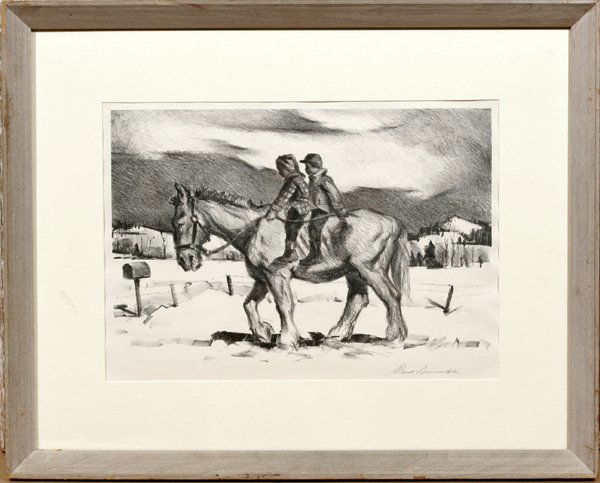 PAUL SAMPLE, LITHOGRAPH, 'RURAL DELIVERY': PAUL SAMPLE, LITHOGRAPH, 18 3/4" X 13", 'RURAL DELIVERY':Depicting children on horseback, pencil signed lower right. Provenance, Rex Lamoroux Collection.