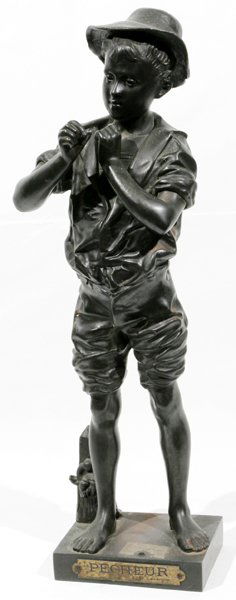 ADOLPHE-JEAN LAVERGNE BRONZE SCULPTURE PÊCHEUR: ADOLPHE-JEAN LAVERGNE (FRENCH), BRONZE SCULPTURE, EARLY 20TH CENTURY, H 18 1/2", 'PÊCHEUR':Signed at the base impressed 1002 and 22754 at the underside along with the title. Having a black patina.