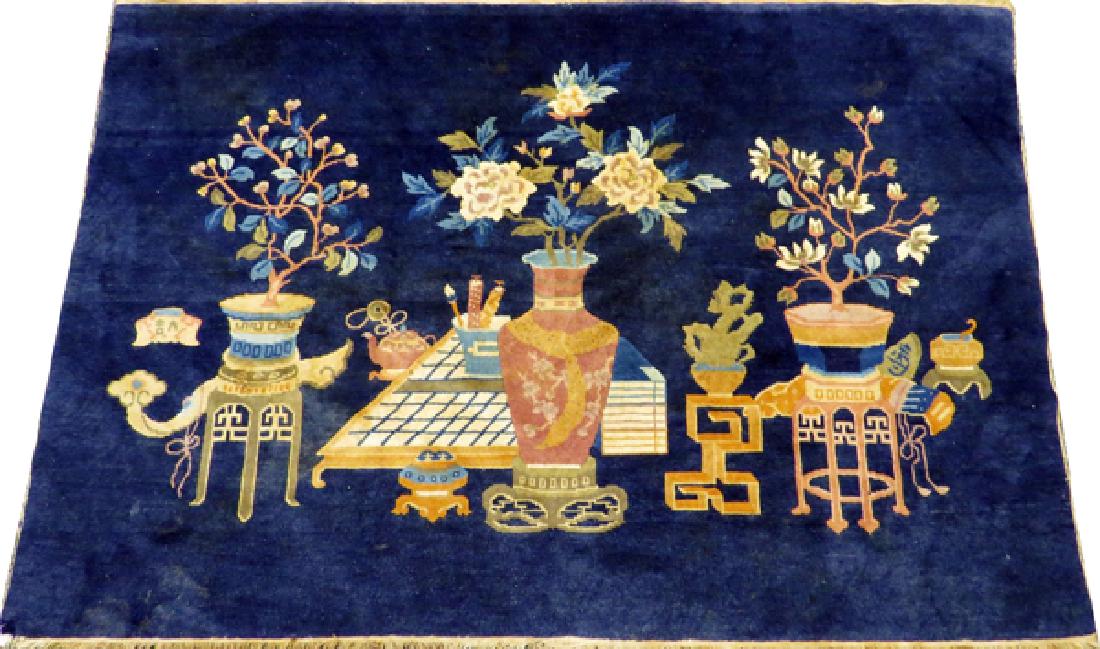 CHINESE ANTIQUE RUG: CHINESE ANTIQUE RUG, 6' X 4':Depicting potted plants on stands and floor vase, in accent colors of green, blues, and light pink.