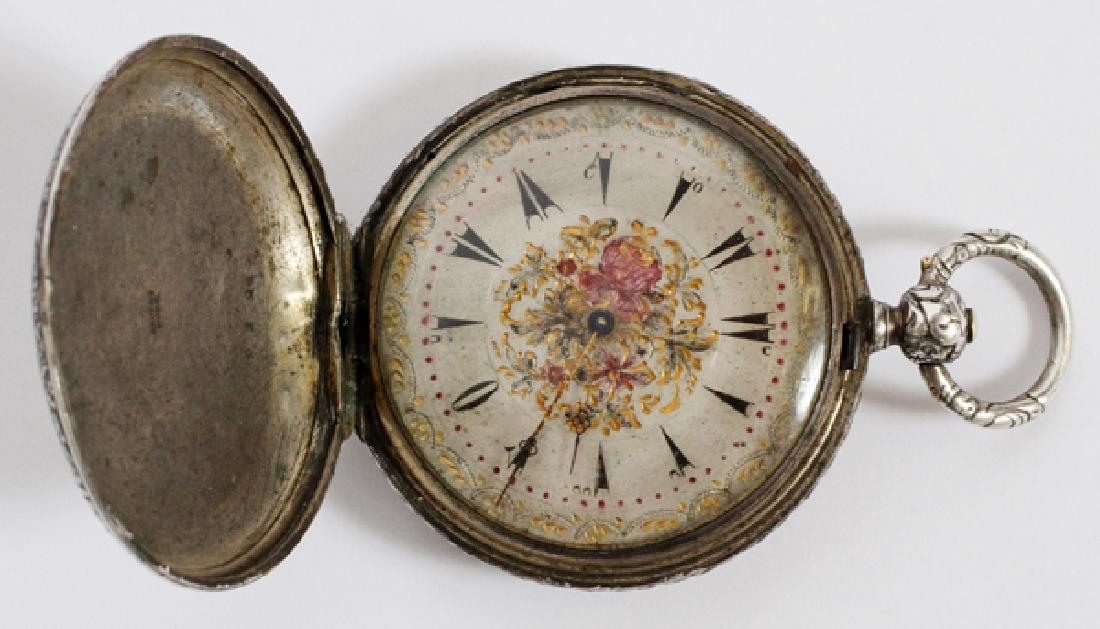 LE ROY PARIS HUNTERS CASE POCKET WATCH: LE ROY PARIS HUNTERS CASE POCKET WATCH:Having a two key wind and hand painted face, Dia 1 5/8". Case marked Argent Dore (silver gilt).