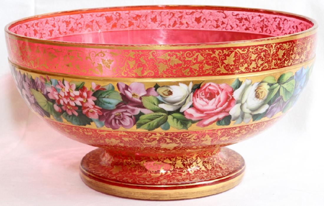 BOHEMIAN PAINTED CRANBERRY GLASS PUNCH BOWL (1 of 2)