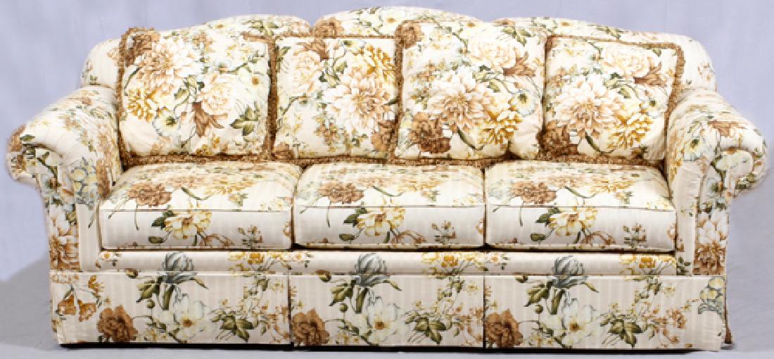 SHERRILL UPHOLSTERED SOFA: SHERRILL UPHOLSTERED SOFA, H 36" L 88" D 43":Contemporary. Upholstered in beige and brown floral motif, including dahlias.