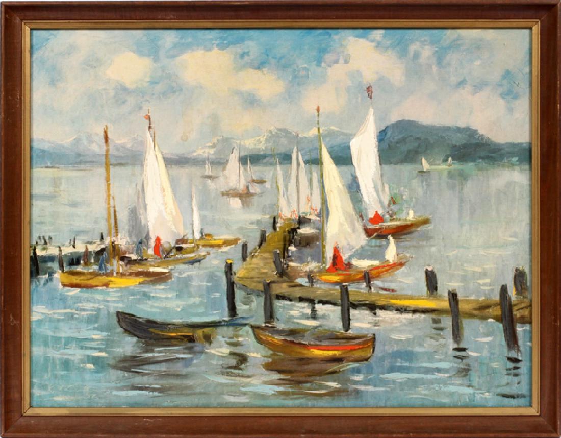 OIL ON ARTIST BOARD 1956: OIL ON ARTIST BOARD, 1956, H 23.75", W 31.75", LAKE LANDSCAPE:Depicting sailboats both at the dock and under sail on a lake with mountains in the background. Illegibly signed lower left and dated '56.