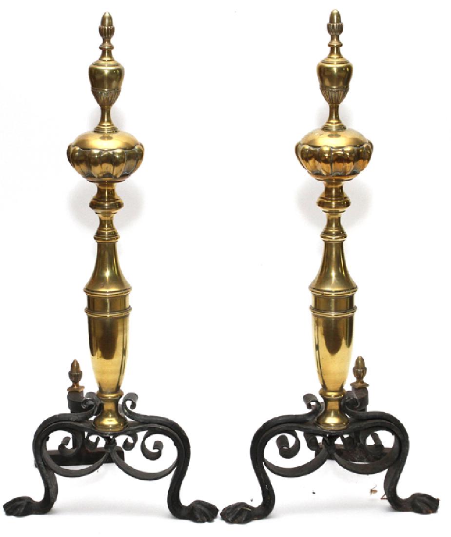 BRASS AND WROUGHT IRON ANDIRONS PAIR (1 of 2)