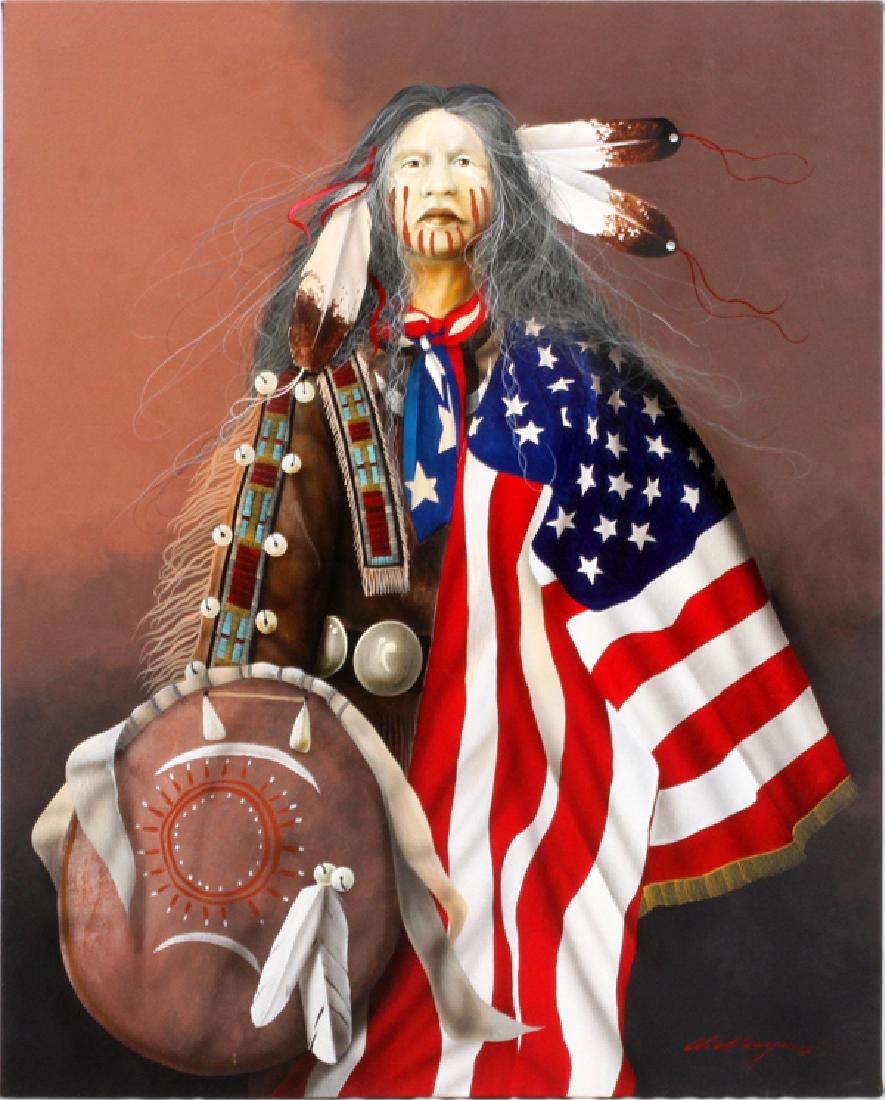 J.D. CHALLENGER ACRYLIC ON CANVAS 1991: J.D. CHALLENGER (B. 1951), ACRYLIC ON CANVAS, 1991, H 52" L 42" "NATIVE SON":J.D. Challenger (American, born 1951). "Native Son". Acrylic on canvas. Depicting a Native American figure wrapped in an Am
