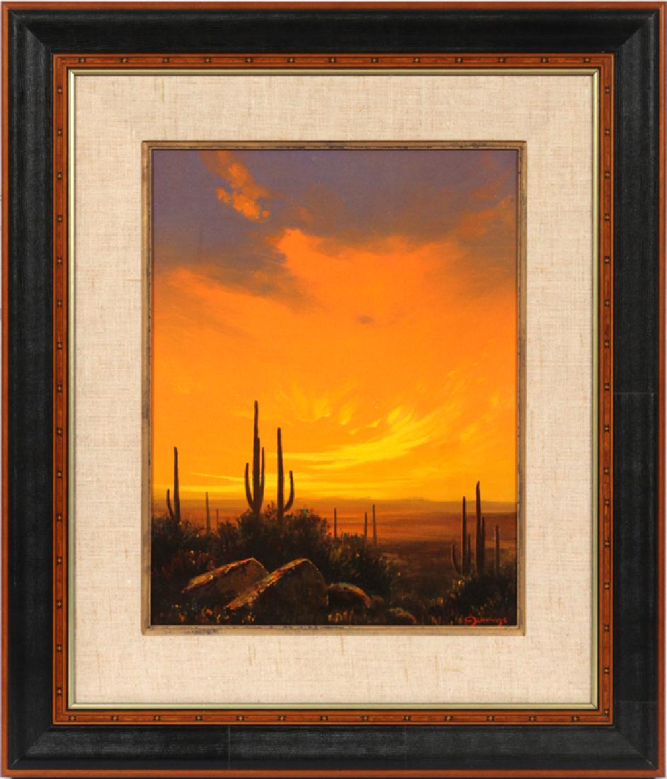 WILLIAM S. JENNINGS OIL ON CANVAS: WILLIAM S. JENNINGS (B. 1952), OIL ON CANVAS, H 18", L 14", "SKY FIRE":William S. Jennings (American, born 1952), "Sky Fire". Oil on canvas depicting a western landscape featuring cacti at sunset. Sig