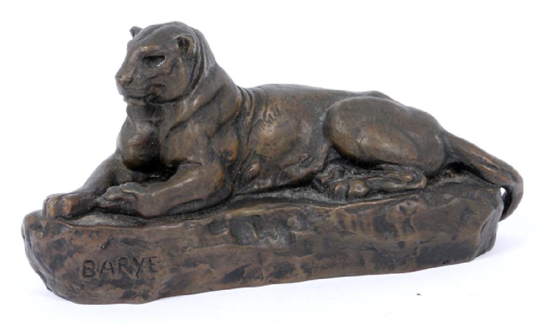 ANTOINE-LOUIS BARYE BRONZE: ANTOINE-LOUIS BARYE (FRENCH, 1796-1875) BRONZE H 3 1/3" L 7 7/8" D 2 5/8" RECUMBENT TIGER:With incised signature to front of naturalistic base. With foundry mark to back reading "F. Barbedienne, Fonde