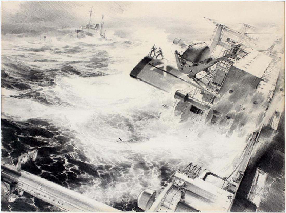 CARL G. EVERS PENCIL DRAWING ON PAPER: CARL G. EVERS PENCIL DRAWING ON PAPER H 20 1/2" L 27 1/2" SINKING SHIP:Carl G. Evers (German/American). Untitled. Depicting a sinking ship with a rescue ship in the distance. Signed lower left. Framed