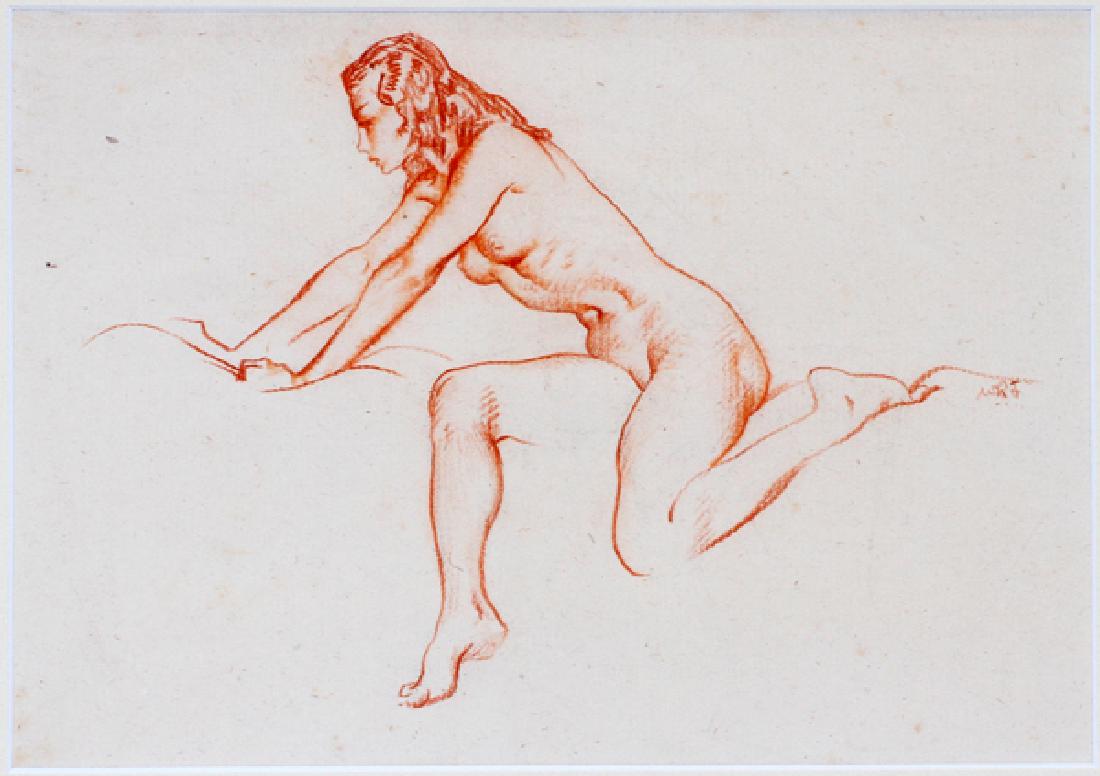 RUSSELL FLINT PASTEL ON PAPER: RUSSELL FLINT (1880-1969) PASTEL ON PAPER H 5 5/8" L 9 1/4" "BRUNETTE":Sir William Russell Flint (Scottish, 1880-1969). "Brunette". Pastel on paper. Signed with monogram "WRF" by figure's right foot. 