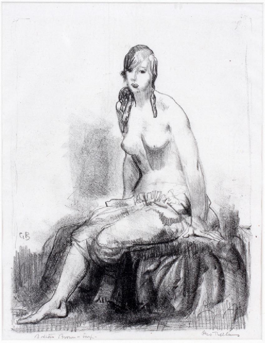 GEORGE BELLOWS LITHOGRAPH: GEORGE BELLOWS (1882-1925) LITHOGRAPH H 9 1/2" L 7" "SEATED NUDE":George Bellows (American, 1882-1925). "Seated Nude". Lithograph. Depicting a nude young woman. Original drawing from 1921. Proof penci