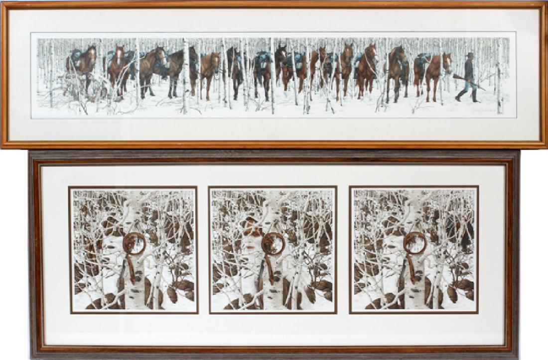 BEV DOOLITTLE OFFSET LITHOGRAPHS TWO: BEV DOOLITTLE (B. 1947) OFFSET LITHOGRAPHS, TWO, H 7 1/2"-12", L 12"-47":Bev Doolittle (American, born 1947). A group of two offset lithographs, comprising: "Two Indian Horses", depicting a group of h