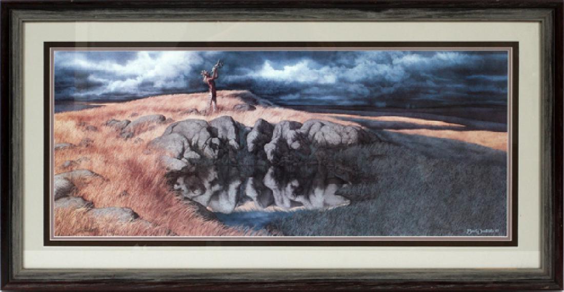 BEV DOOLITTLE OFFSET LITHOGRAPH: BEV DOOLITTLE (B. 1947) OFFSET LITHOGRAPH H 13 1/2" L 32" "CALLING THE BUFFALO":Bev Doolittle (American, born 1947). "Calling the Buffalo". Offset lithograph. A medicine man of the Sioux has been chos