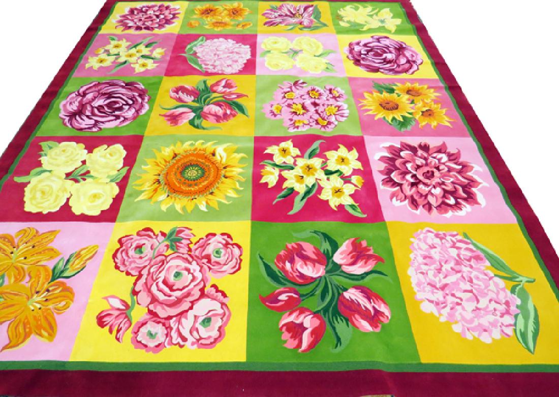 STARK WOOL MACHINE WOVEN CARPET: STARK WOOL, MACHINE WOVEN CARPET, W 11' 11", L 14' 11", FLORAL DESIGN:Green ground with floral checkerboard pattern, accent colors of pink, yellow, and lime.