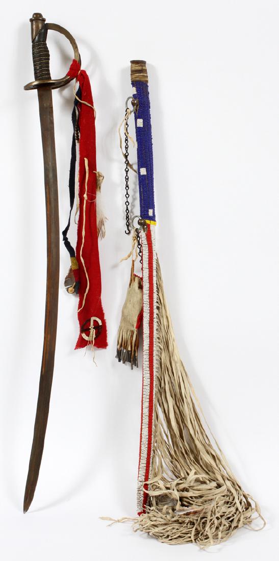 CIVIL WAR ERA SWORD AND HAND-BEADED SCABBARD: CIVIL WAR ERA SWORD AND HAND-BEADED SCABBARD, MODEL 1840, L 43":An 1840 Civil War-era cavalry sword with a wire-wrapped leather hilt, brass guard and pommel; accompanied by a hand beaded scabbard. Hav