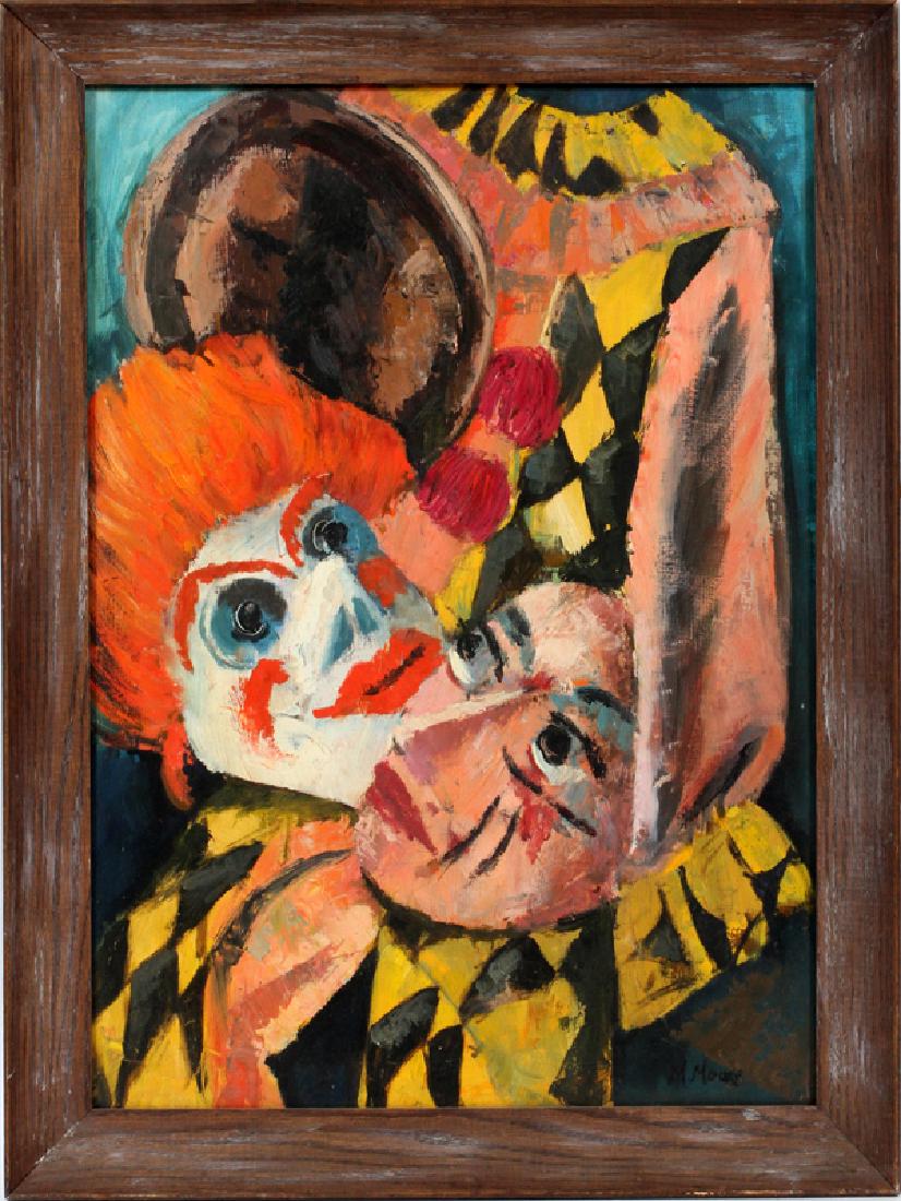 MARION MOORE OIL ON MASONITE: MARION MOORE (US 20TH C.), OIL ON MASONITE, H 28", W 20", CLOWN & HARLEQUIN:Signed lower right; framed.