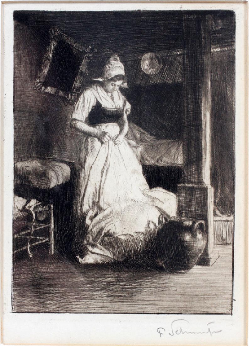 SIGNATURE APPEARS TO BE: F. SCHMIDT ETCHING: SIGNATURE APPEARS TO POSSIBLY BE: F. SCHMIDT, ETCHING, H 5 1/4", W 3",:Woman holding drapery; pencil signed; framed.