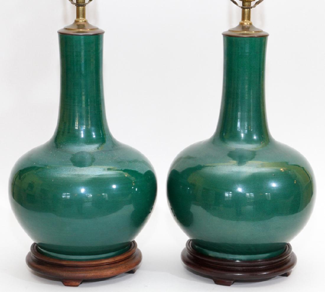 CHINESE CRACKLE GLAZE VASES CONVERTED TO LAMPS: CHINESE PORCELAIN CRACKLE GLAZE VASES CONVERTED TO LAMPS, PAIR, H 29", DIA 9 1/2":Electrified. Modern. From The George and Penny Simon Collection, Grosse Pointe Farms, Michigan.