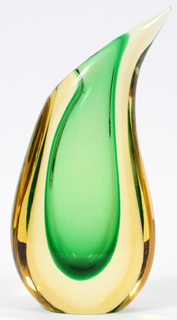 LUIGI ONESTO ITALIAN EMERALD/AMBER TEARDROP VASE: LUIGI ONESTO ITALIAN EMERALD/AMBER TEARDROP VASE, CIRCA 1950, H 9.25":Done in the Sommerso technique. Singed "L. Onesto, Murano, Italy".