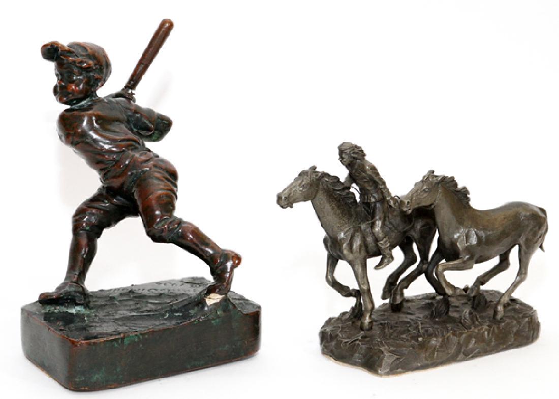 BRONZE CLAD AND PEWTER FIGURES 2 PIECES: BRONZE CLAD AND PEWTER FIGURES, 2 PIECES, H 5 3/4"-8", W 6"-8":Includes 1 bronze clad figure of a boy with a baseball bat, signed 'Edgardo Simone' dated 1934; together with 1 pewter figure of a Native