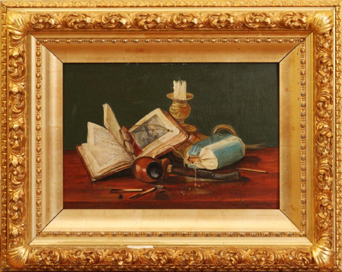 CLAUDE RAGUET HIRST OIL ON BOARD C.1875: CLAUDE RAGUET HIRST (NEW YORK, 1855-42), OIL ON BOARD, C.1875, H 9 1/2", W 14", STILL LIFE:A still life of book, glasses, candle, and gentleman's pipe with matches, in a gold leaf frame. From The Geor