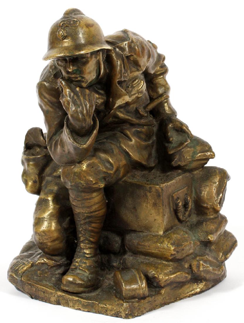 EDGARDO SIMONE BRONZE FIGURAL SCULPTURE C. 1918: EDGARDO SIMONE (1890-1948), BRONZE FIGURAL SCULPTURE, C. 1918, H 11", W 9", D 6 1/4", SITTING SOLDIER:Edgardo Simone (American, 1890-1948). Untitled. Bronze figural group. Depicting a soldier with his