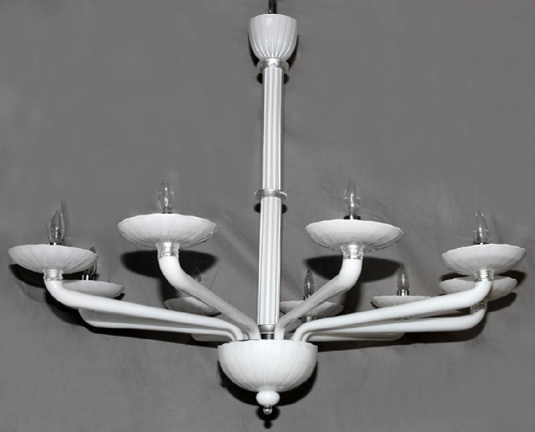 MURANO BAROVIER & TOSO GLASS NINE-LIGHT CHANDELIER: MURANO BAROVIER & TOSO GLASS NINE-LIGHT CHANDELIER, H 36", DIA 45":BAROVIER & TOSO (ITALIAN) Contemporary nine arm blown white glass chandelier by Barovier & Toso. From the Jeffrey Doan family (Dow Ch