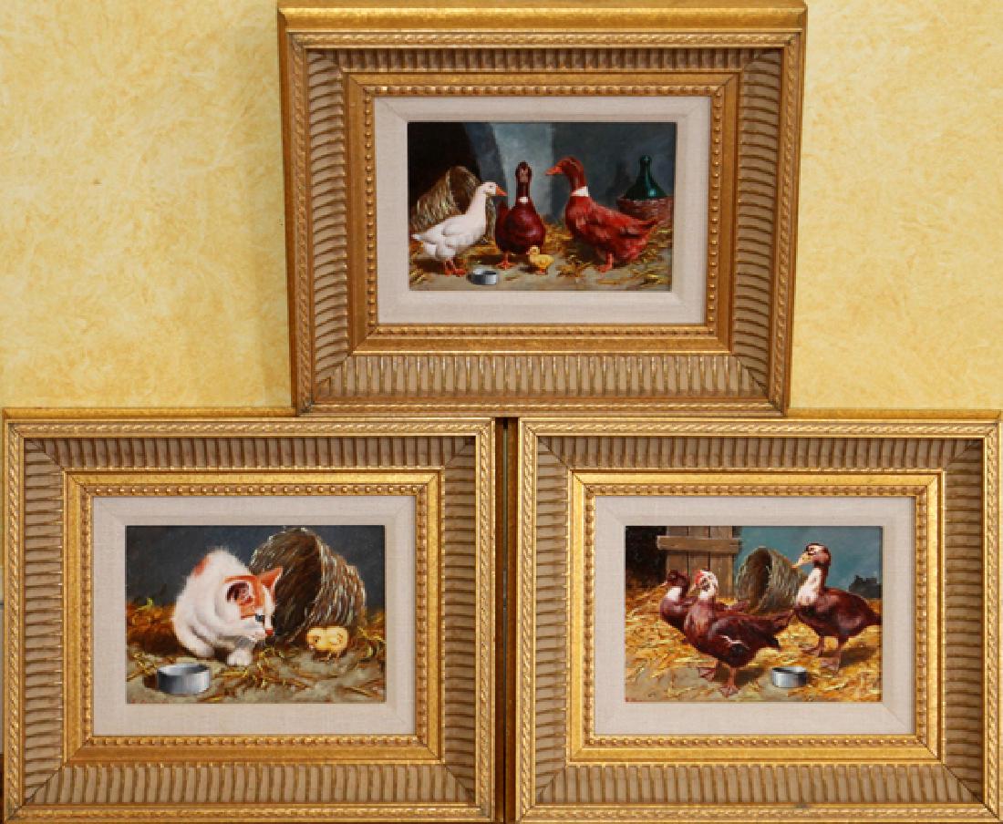 EDUARDO CERRONE OIL ON ARTIST BOARD 3 PIECES: EDUARDO CERRONE (ITALIAN, B.1928), OIL ON ARTIST BOARD, 3 PIECES:Including two paintings of geese, and a third painting of a cat and chip. All in gilt frames. From The George and Penny Simon Collectio