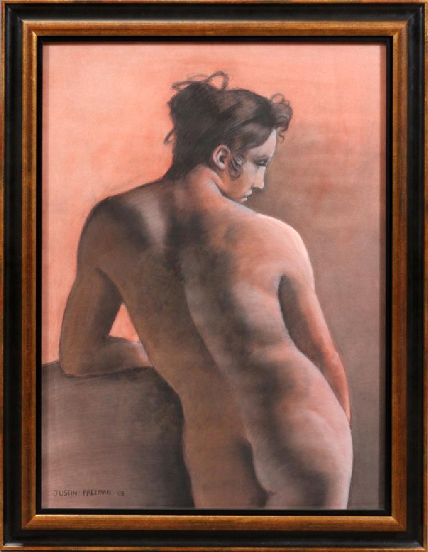 JUSTIN FREEMAN PASTEL ON PAPER 2008: JUSTIN FREEMAN, PASTEL ON PAPER, 2008, H 38", W 22", FEMALE NUDE:Signed and dated lower left. Painted black and gilt frame. From the Estate of Daniel Clancy, Voltaire Place, Grosse Pointe Farms.