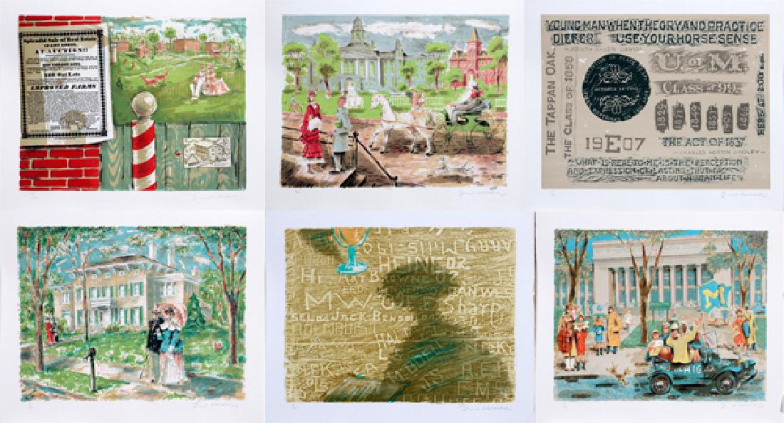 EMIL WEDDIGE PORTFOLIO OF 11 COLOR LITHOGRAPHS: EMIL WEDDIGE (US, 1907-2001), PORTFOLIO OF 11 COLOR LITHOGRAPHS COMMEMORATING THE 150TH YEAR OF THE UNIVERSITY OF MICHIGAN:Image: 14 1/4" x 19"; BFK Rives watermarked paper size: 18" x 22"; each of th